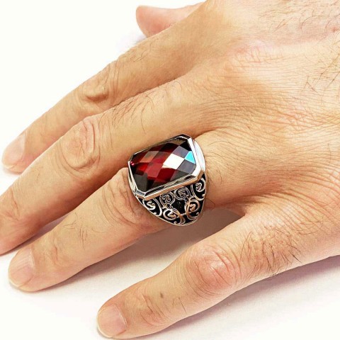 Ruby Taşlı Floral Desenli 925 Ayar Gümüş Erkek Yüzük, Ruby Taşlı Yüzük