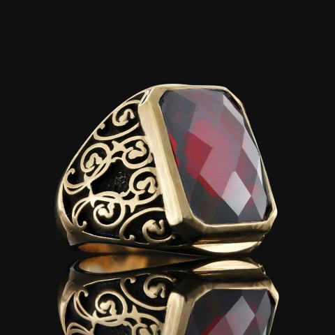 Ruby Taşlı Floral Desenli 925 Ayar Gümüş Erkek Yüzük, Ruby Taşlı Yüzük