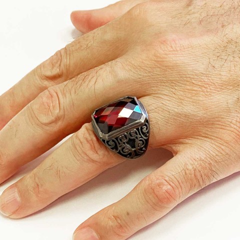 Ruby Taşlı Floral Desenli 925 Ayar Gümüş Erkek Yüzük, Ruby Taşlı Yüzük