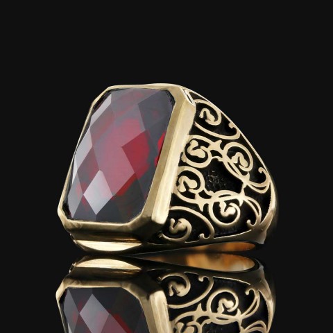 Ruby Taşlı Floral Desenli 925 Ayar Gümüş Erkek Yüzük, Ruby Taşlı Yüzük