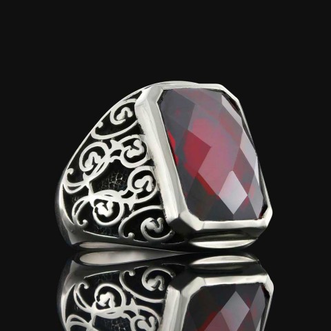Ruby Taşlı Floral Desenli 925 Ayar Gümüş Erkek Yüzük, Ruby Taşlı Yüzük