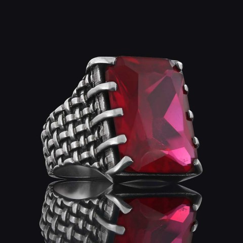 Ruby Taşlı Özel Tasarım Gümüş Erkek Yüzük, Ruby Taşlı Yüzük