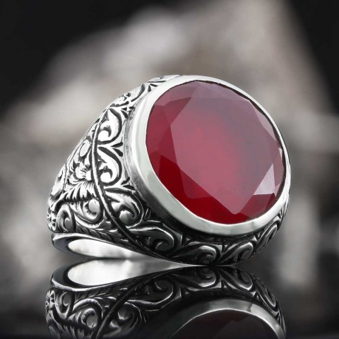 Ruby Taşlı Yüzük, Kişiye Özel Taşlı Kalem İşlemeli Ruby Taşlı Gümüş Yüzük