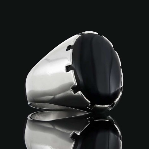 Sade Modern Tasarım Doğal Oniks Taşlı Gümüş Yüzük, Oniks Taşlı Oval Erkek Yüzük, Siyah Akik Yüzük