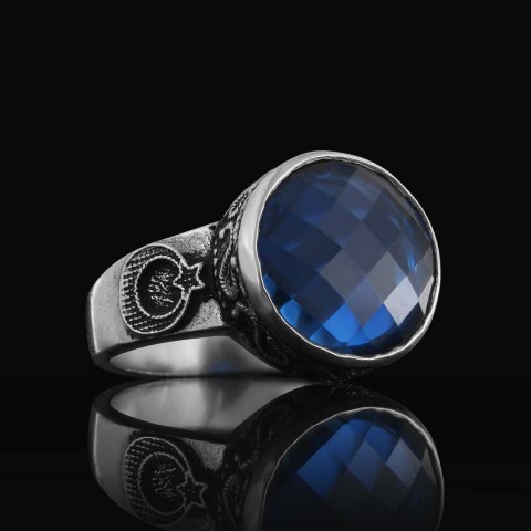 Safir Taşlı Ay Yıldız 925 Ayar Gümüş Yüzük, Safir Yüzük, Gümüş Erkek Safir Yüzük