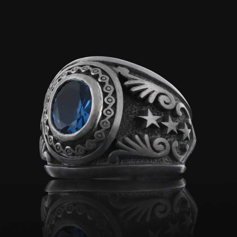 Safir Taşlı Motifli 925 Ayar Taşlı Erkek Gümüş Yüzük