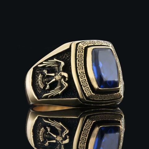 Safir Taşlı Özel Tasarım Kartal Sembollü Gümüş Yüzük, Safir Taşlı Yüzük
