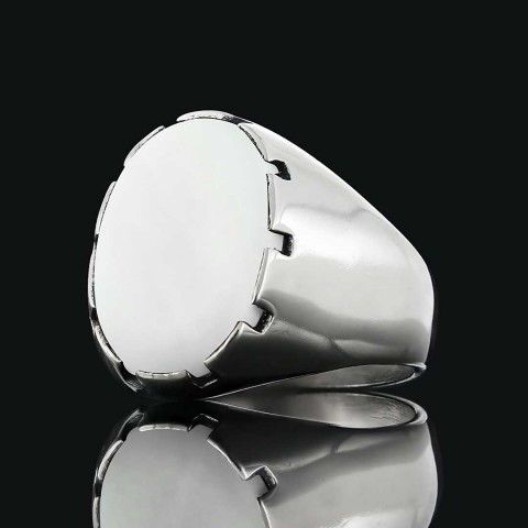 Sedef Taşlı Oval Erkek Yüzük, Sade Modern Tasarım Doğal Sedef Taşlı Gümüş Yüzük
