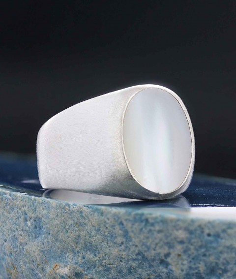 Sedef Taşlı Özel Tasarım Oval Erkek Yüzük, Sedef Taşlı Gümüş Yüzük, Sade Sedef Taşlı Yüzük