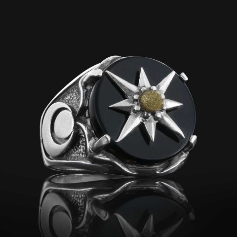 Siyah Akik Yüzük, Yıldız Motifli Siyah Akik Gümüş Erkek Yüzük