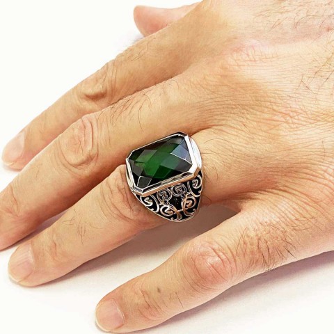 Tourmaline Floral Desenli 925 Ayar Gümüş Erkek Yüzük, Tourmaline Yüzük