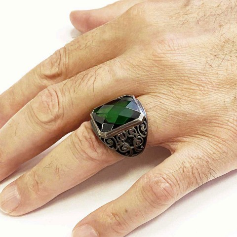 Tourmaline Floral Desenli 925 Ayar Gümüş Erkek Yüzük, Tourmaline Yüzük
