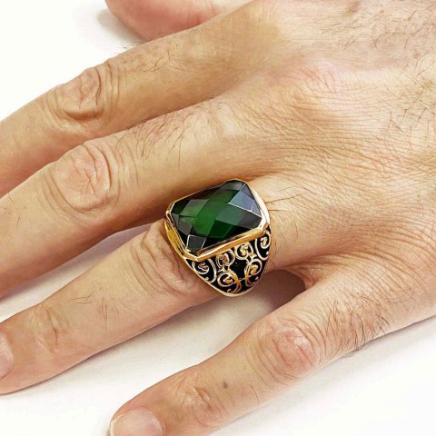 Tourmaline Floral Desenli 925 Ayar Gümüş Erkek Yüzük, Tourmaline Yüzük