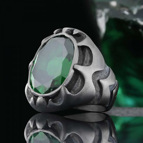 Tourmaline Taşlı Yüzüklerle Işıldayın ve Şıklığınızı Keşfedin, Büyük Tourmaline Taşlı Simetrik Desenli Gümüş Erkek Yüzük
