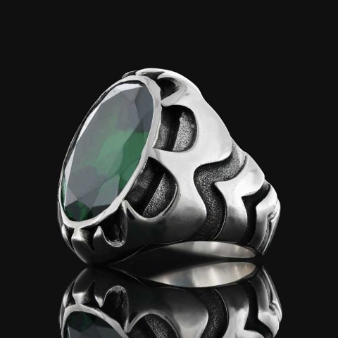 Tourmaline Taşlı Yüzüklerle Işıldayın ve Şıklığınızı Keşfedin, Büyük Tourmaline Taşlı Simetrik Desenli Gümüş Erkek Yüzük