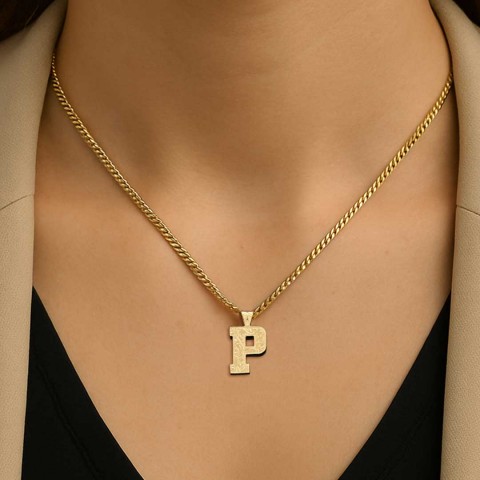 Unisex Kişiye Özel Gümüş ve Gold Kaplama Üç Boyutlu P Harfli Kolye