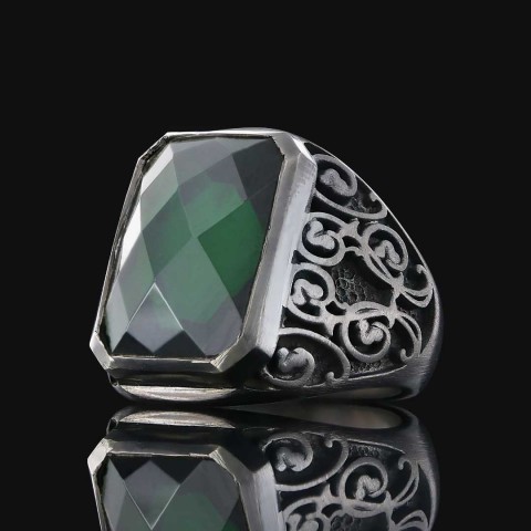 Tourmaline Floral Desenli 925 Ayar Gümüş Erkek Yüzük, Tourmaline Yüzük