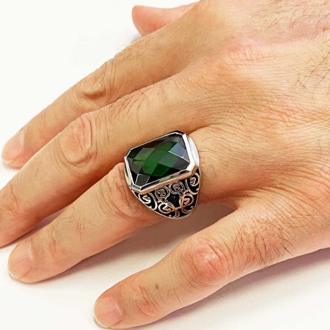 Tourmaline Floral Desenli 925 Ayar Gümüş Erkek Yüzük, Tourmaline Yüzük
