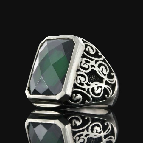 Tourmaline Floral Desenli 925 Ayar Gümüş Erkek Yüzük, Tourmaline Yüzük