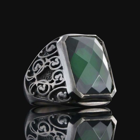 Tourmaline Floral Desenli 925 Ayar Gümüş Erkek Yüzük, Tourmaline Yüzük