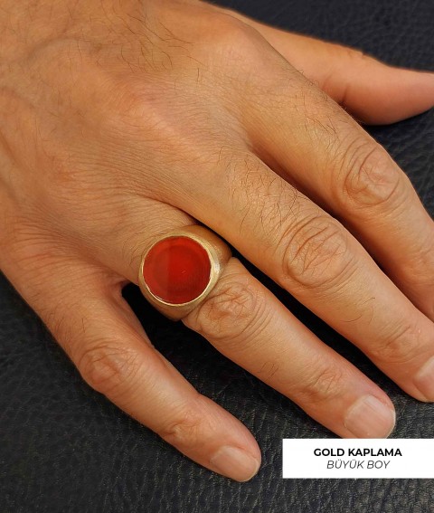 Yuvarlak Kırmızı Akik Taşlı Özel Tasarım Yüzük, Sade Taşlı Yüzük, Kırmızı Akik Taşlı Gümüş Yüzük